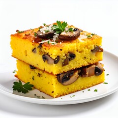 Stacked polenta squares with mushrooms and herbs served gourmet presentation on white background