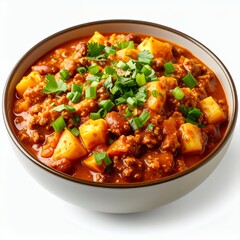 Hearty meat stew with potatoes, beans and garnish, a culinary delight on white background