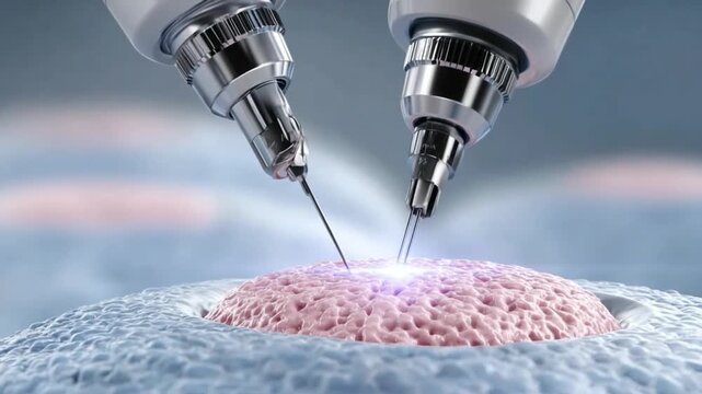 Microscopic nanobots injecting medication into biological cell