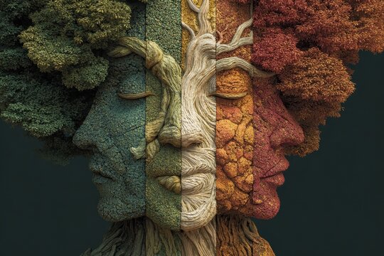 Illustration depicting the four seasons through the faces of nature's guardians representing spring, summer, autumn, and winter in a harmonious blend of colors and textures