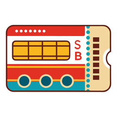 Colorful bus ticket design featuring train graphics and patterns  