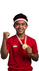 Joyful Indonesian athlete celebrates victory, proudly displaying gold medal and national colors.