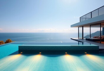 Fototapeta premium Sleek minimalist villa, expansive glass windows, infinity pool, ocean view, blue, oceanfront