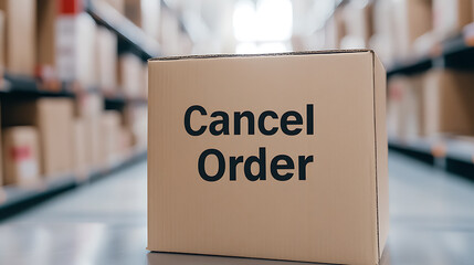 Canceled Order Box: A cardboard box labeled "Cancel Order" stands out in a warehouse setting, signifying returns, logistics issues, and potential inventory adjustments.