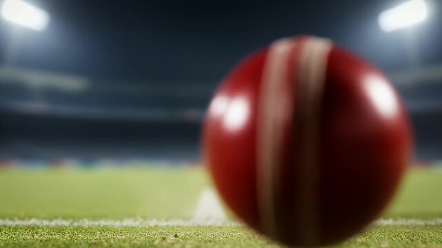 An extreme close-up in super slow motion of a cricket ball making a powerful impact with a wooden bat under stadium lights.