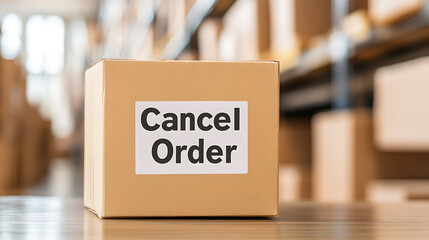 Box labeled "Cancel Order" in a warehouse setting.  Indicates a return or cancellation of goods, emphasizing logistics and order management.
