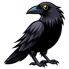 Cartoon raven with yellow eye standing on white background  
