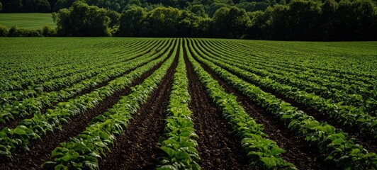 The vibrant green rows of crops stretching across a sunny rural landscape.