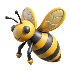 Cute 3D cartoon bee with yellow and black stripes flying isolated on transparent background