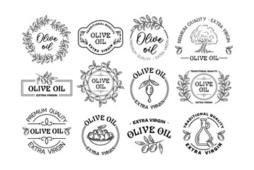 illustration presents a set of olive oil labels, each featuring unique designs and colors. The labels emphasize quality, freshness, and Mediterranean heritage, perfect for gourmet markets and stores.
