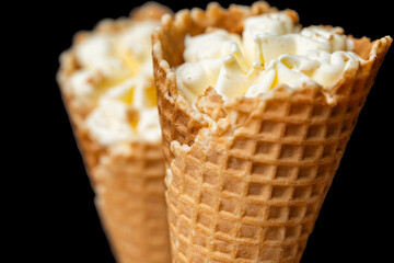 ice cream in a waffle cone