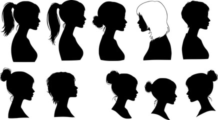 silhouettes of women's heads, various hairstyles, black and white