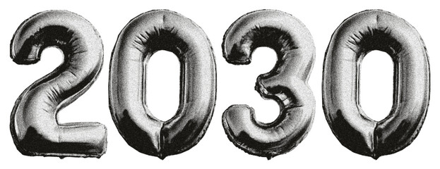 Year 2030. Foil balloons shaped like the numbers 2, 0, and 3. New Year 2030. Celebration, party, invitation. Torn edges effect. Collage-style design with grunge and photocopy elements