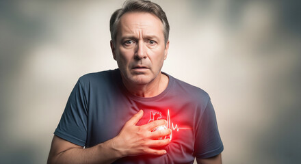 Man clutching left side of chest in visible pain with red glow symbolizing heart attack or cardiac discomfort chest-up view with soft blurred background