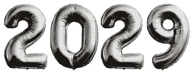 Year 2029. Foil balloons shaped like the numbers 2, 0, and 9. New Year 2029. Celebration, party, invitation. Torn edges effect. Collage-style design with grunge and photocopy elements