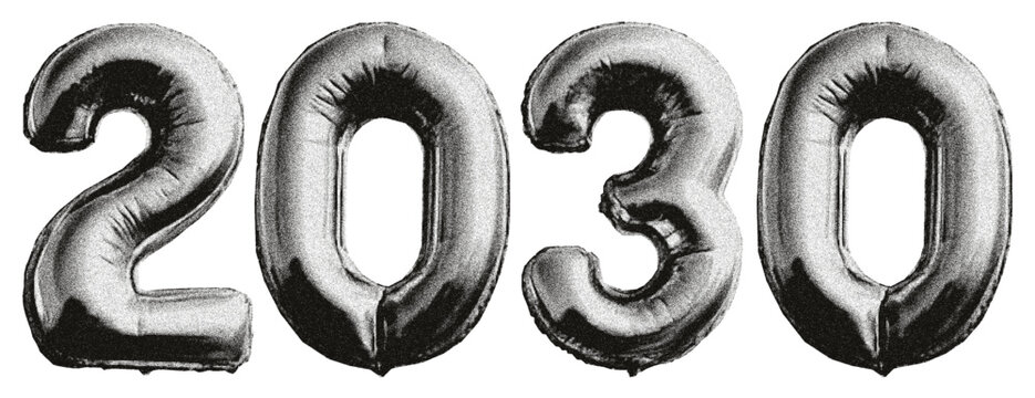 Year 2030. Foil balloons shaped like the numbers 2, 0, and 3. New Year 2030. Celebration, party, invitation. Torn edges effect. Collage-style design with grunge and photocopy elements