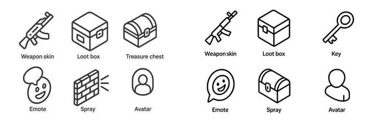 Icon set featuring gaming elements including weapons, loot boxes, and emotes for digital content and design purposes