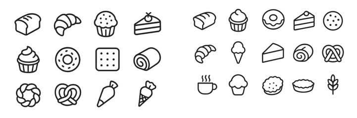 Variety of baked goods and desserts illustrated in simple line style displaying various treats like cakes and pastries