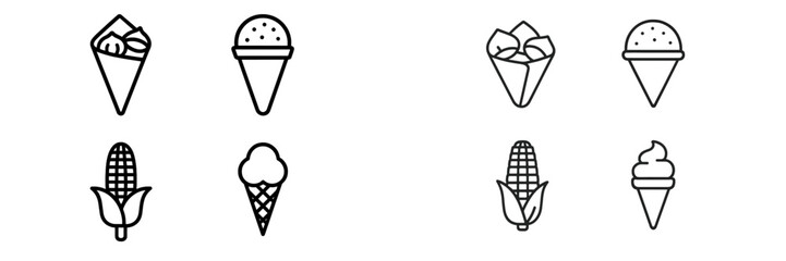 Variety of ice cream cone designs featuring different toppings and styles in a minimalist line art format