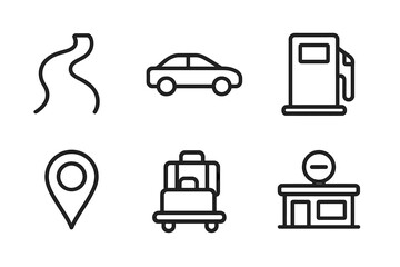 Road trip essentials on a journey through winding paths with vehicles and refueling stations