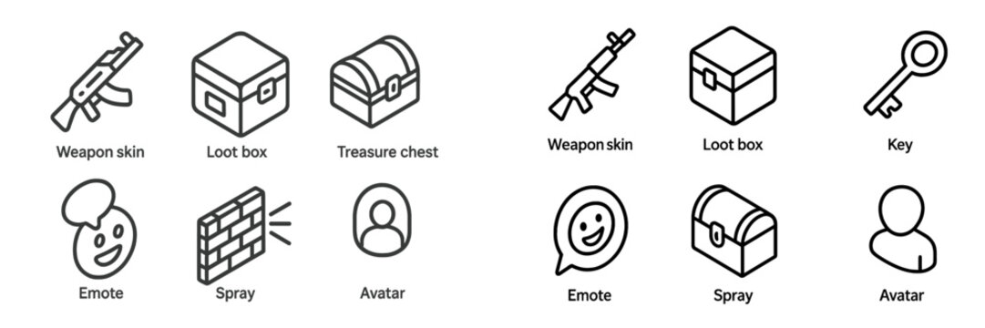 Icon set featuring gaming elements including weapons, loot boxes, and emotes for digital content and design purposes
