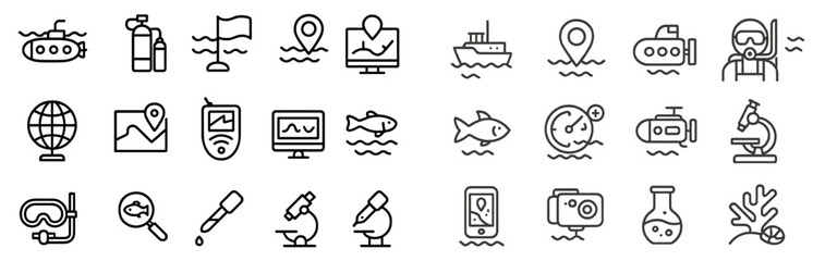Icons representing underwater exploration, marine science, and oceanic activities