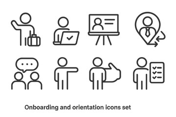 Collection of onboarding and orientation icons featuring various business activities and interactions displayed clearly