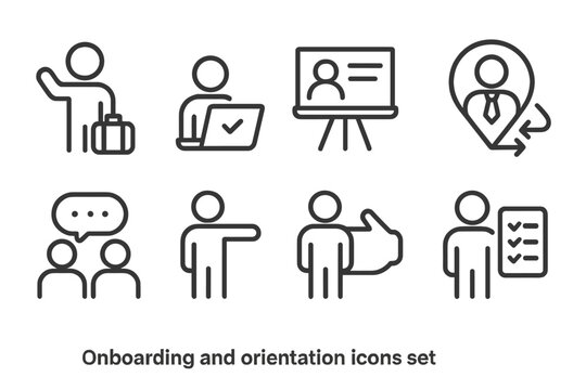 Collection of onboarding and orientation icons featuring various business activities and interactions displayed clearly