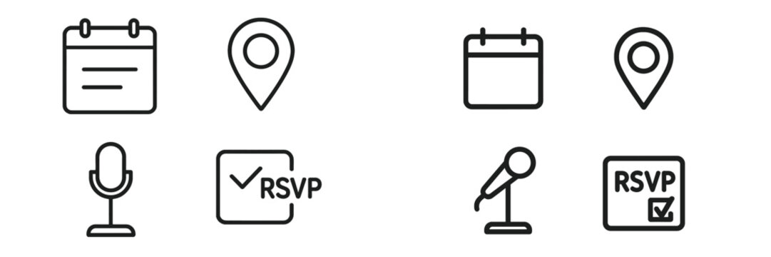 Icons representing event planning, RSVP, and scheduling tools for organizers and participants in various social gatherings