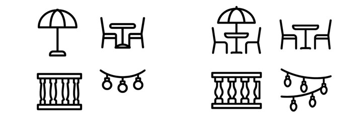 Stylish outdoor dining setup with umbrellas and string lights at a cozy location during evening hours