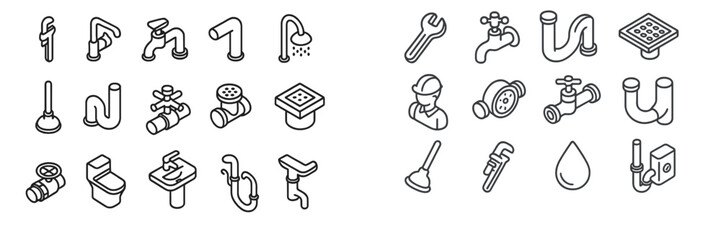 Collection of plumbing icons featuring fixtures, tools, and equipment for home improvement and repairs