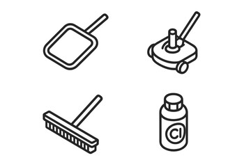 Cleaning tools arranged in a layout showing various equipment for maintaining cleanliness at home or in facilities