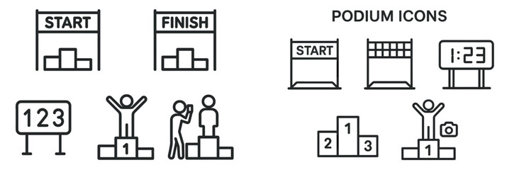 Infographic illustrating race elements including start and finish lines, podium icons, and timing displays for events