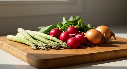 Fresh Harvest on the Board: A collection of vibrant spring vegetables, asparagus, radishes, onions, and watercress, are artfully arranged on a wooden cutting board, illuminated by soft natural light.
