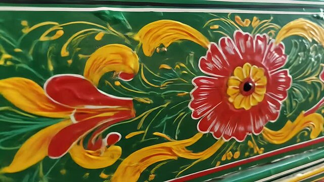 A vibrant and detailed cinematic shot sliding across the intricate, hand-painted floral patterns of traditional Pakistani truck art.