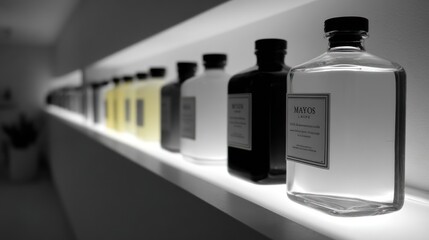 Shelves of bottles lit from below