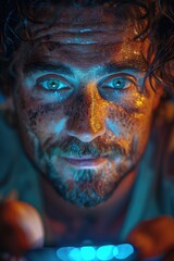 Obraz premium Gritty man illuminated by blue light, intense gaze.