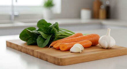 Fresh Harvest Bounty: Close-up of a vibrant array of freshly harvested vegetables arranged on a wooden cutting board, captured in a clear and detailed still-life.