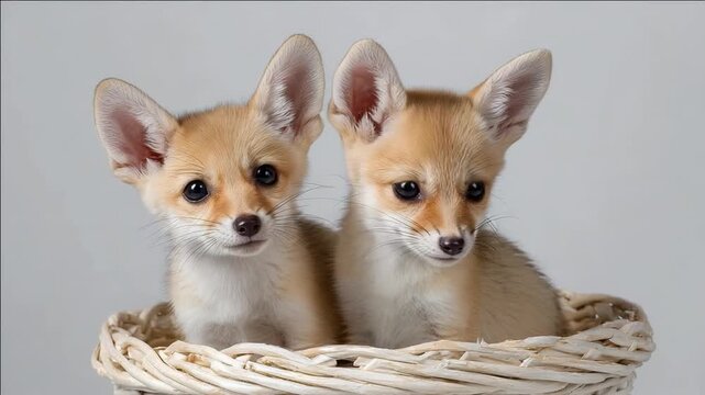 Fennec fox pups posing in a basket on white background