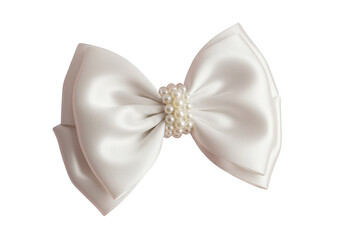 Elegant white satin bow with pearl embellishment isolated on white background