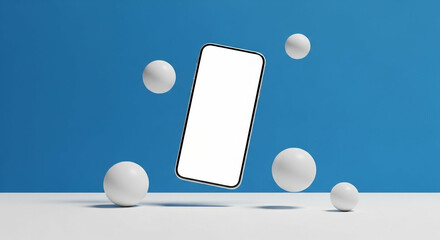 Modern smartphone with blank screen floating among abstract white spheres on blue background
