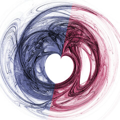 Abstract fractal background with a heart-shaped frame formed by blue and red swirls on a white background. 3D rendering. 3D illustration.