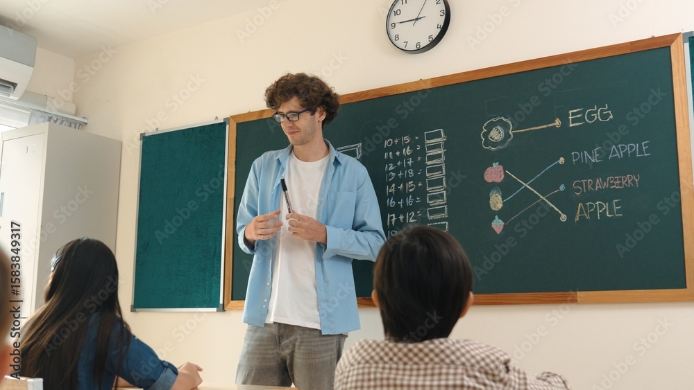 Poster professional mentor looking around classroom while standing in front of blackboard with math formula