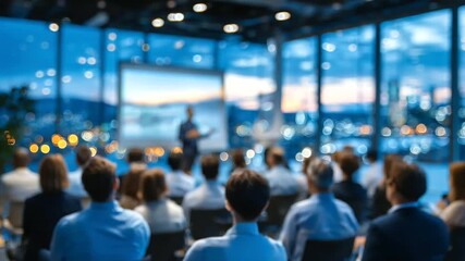Abstract blur of modern office seminar, light streaming through glass windows, silhouettes of employees seated in rows, presenter mid-motion in front of projected slide - Powered by Adobe