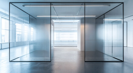 Modern empty office interior with glass walls and minimal lighting