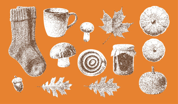 fall elements collection, autumn retro halftone effect set, pumpkin, maple leaf, oak leaf, mushroom, pair of socks, cup of coffee