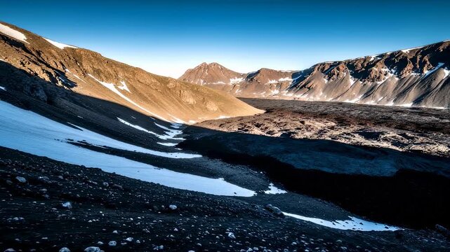 Snowy mountain landscape with rocky peaks and patches of snow in barren valley. Scenic view of rugged terrain in remote wilderness area. Outdoor adventure concept.