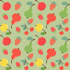 Seamless pattern of apples, pears, and berries. Flat pattern.