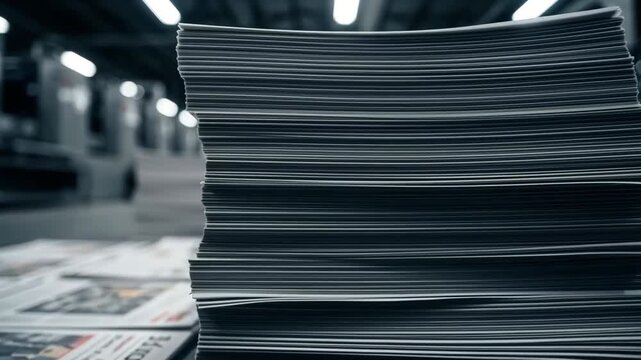 Freshly printed newspapers stacked and folded on the floor of a printing factory, ready for distribution, represent the fast paced world of news production and delivery