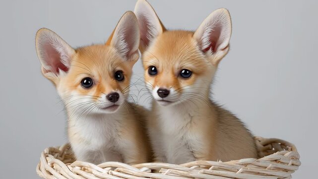 Two fennec fox pups posing in a basket on white background